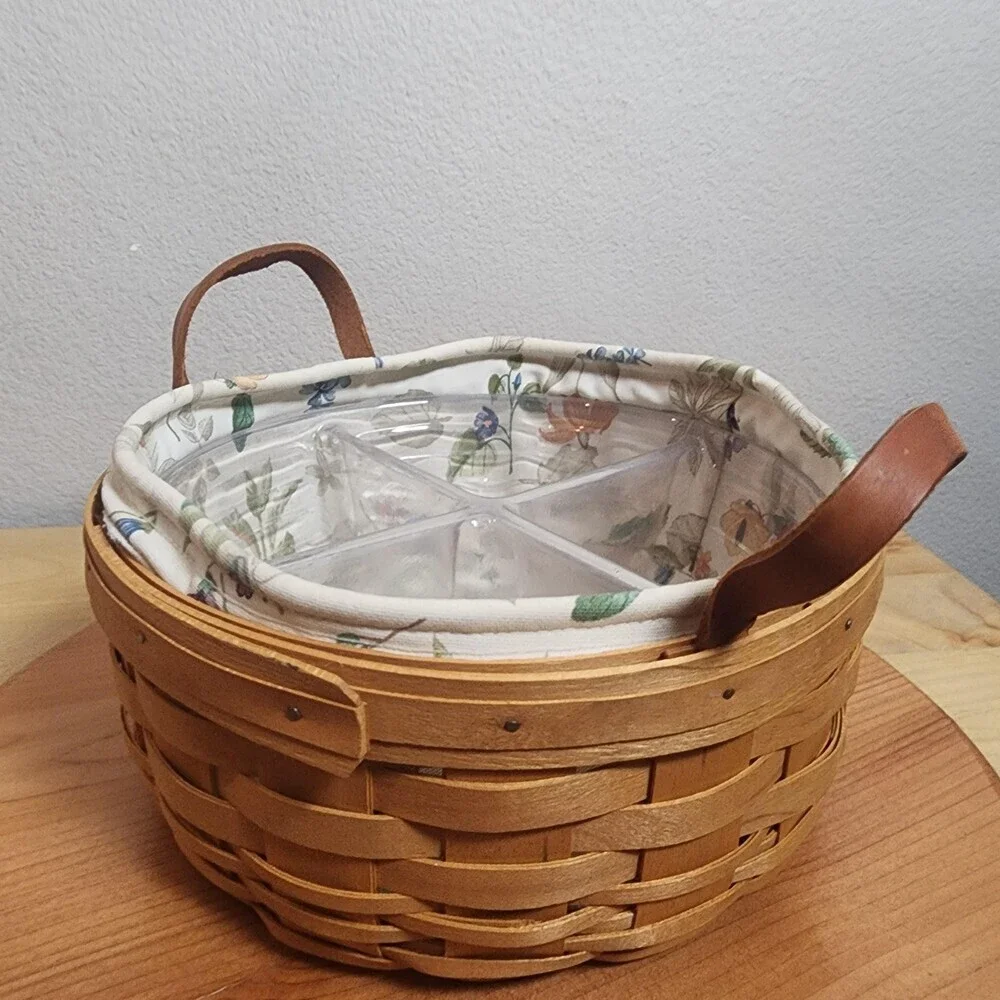 Longaberger 2000 Medium Round Storage Basket Floral Liner Divider Handles USA